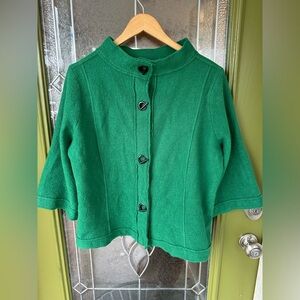 Chicos Large Green Wool 3/4 Length Raw Hem Flare Sleeve Jacket Flowy Boxy Preppy